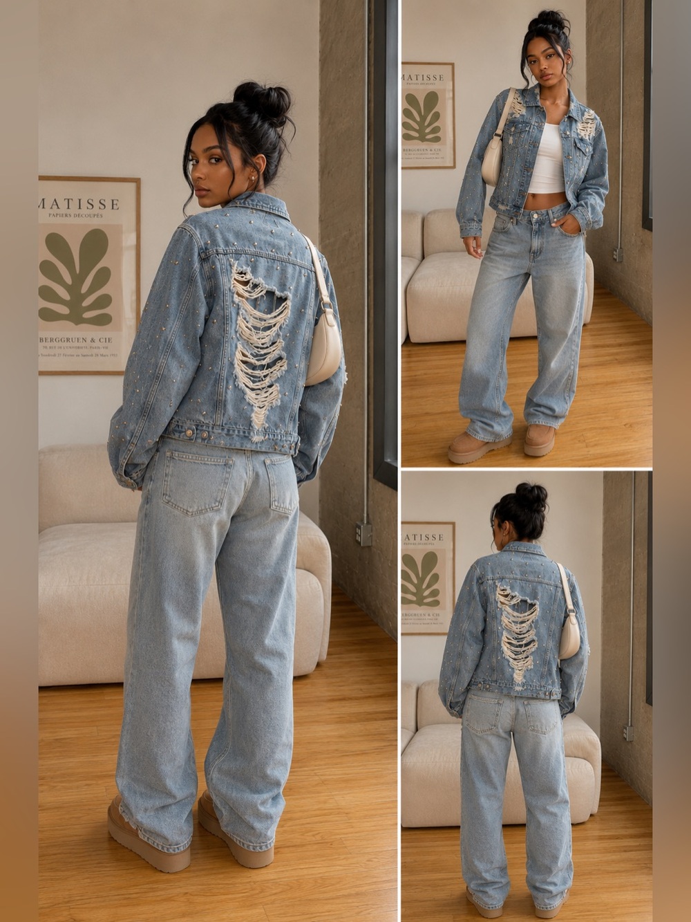 Distressed Studded Light Wash Denim Jacket